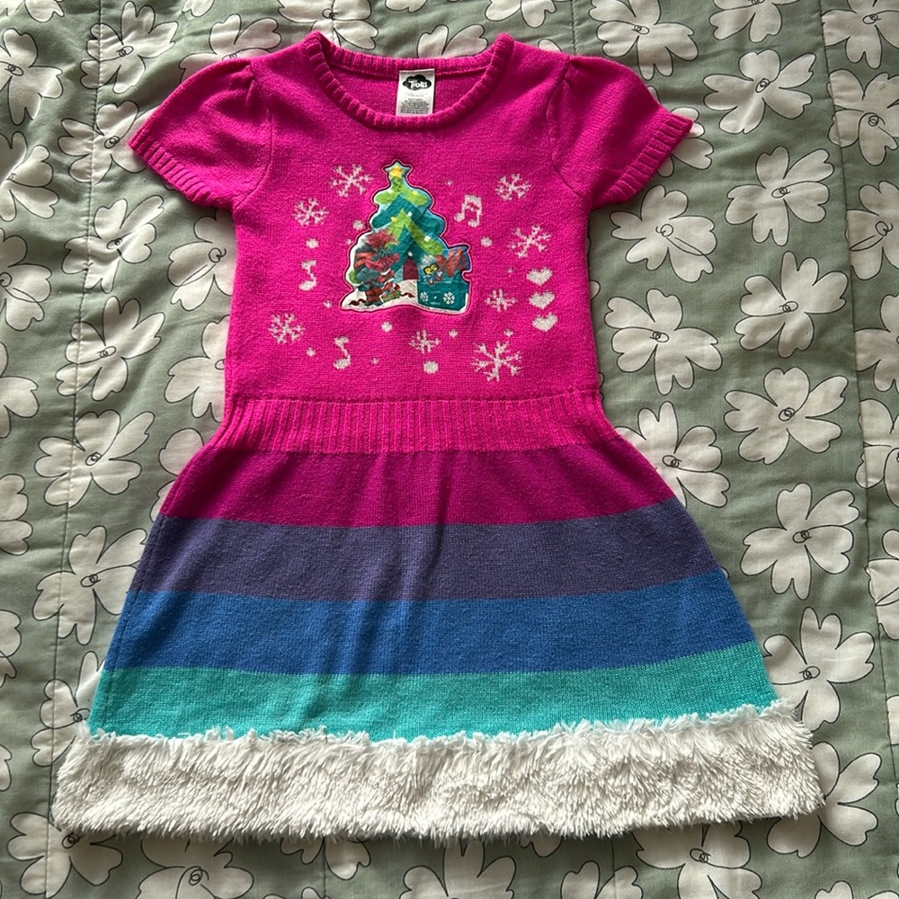 Trolls Movie Girls Pink Rainbow Knit‎ Poppy Holiday Sweater Dress Christmas M